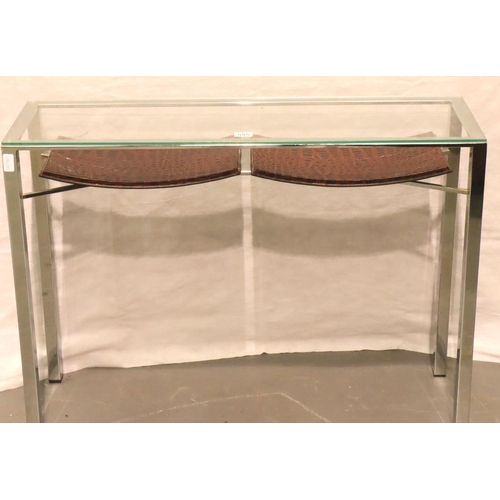 555 - A contemporary chrome console with rectangular plate glass top and two shelves below, 100 x 30 x 93 ... 