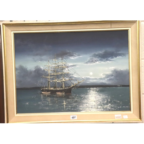 497 - Nigel Hallard (b.1936), oil on board depicting a moonlit calm water with schooner, 70 x 50cm. P&P Gr... 