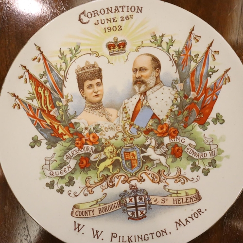 228 - Two souvenir plates from St Helens with mayor Pilkington and an Edward VIII coronation souvenir plaq... 