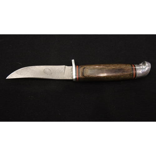 369 - Wooden Handled sheath knife with etched blade marked ? steel Japan, blade L: 8 cm. P&P Group 2 (£18+... 