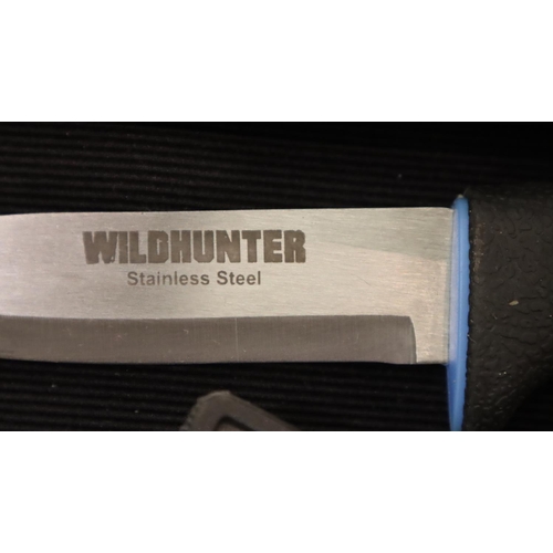 375 - Two plastic sheathed rubber handled Wild Hunter stainless steel knives, blade L: 10 cm. P&P Group 2 ... 