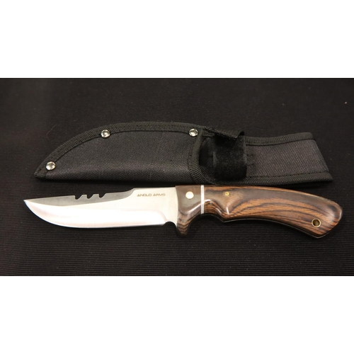 377 - Anglo Arms canvas sheathed wooden handle hunting knife, blade L: 12 cm. P&P Group 2 (£18+VAT for the... 