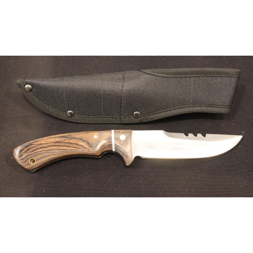 377 - Anglo Arms canvas sheathed wooden handle hunting knife, blade L: 12 cm. P&P Group 2 (£18+VAT for the... 