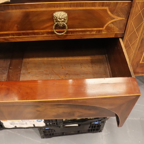 541 - Regency mahogany bow fronted buffet, with two long drawers flanked by two cupboard doors, satinwood ... 