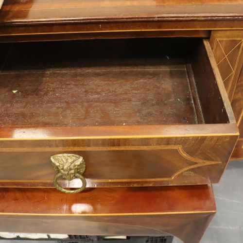 541 - Regency mahogany bow fronted buffet, with two long drawers flanked by two cupboard doors, satinwood ... 