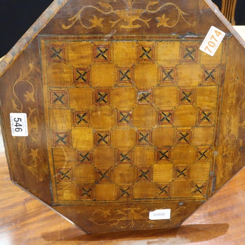 546 - Scratch built inlaid chess top table. 43 x 43 x 32 cm H. Not available for in-house P&P, contact Pau... 