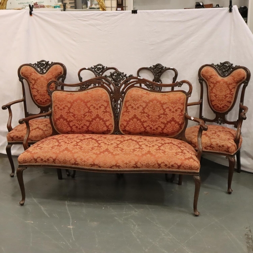 553 - Victorian walnut framed salon suite comprising a two-seat settee, two elbow chairs and two further c... 