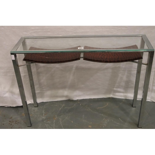 555 - A contemporary chrome console with rectangular plate glass top and two shelves below, 100 x 30 x 93 ... 