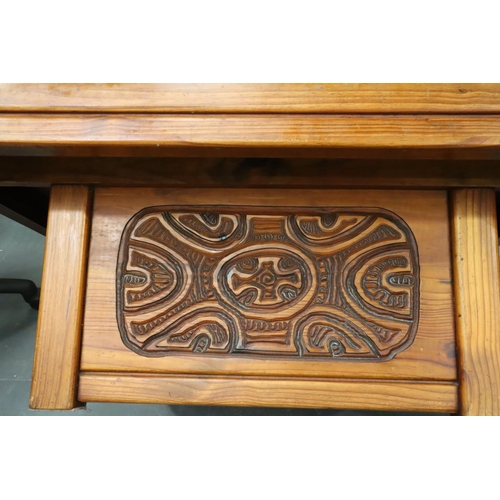 556 - A substantial modern carved pine coffee table with glass top and carved plinth base, 101 x 101 x 93 ... 