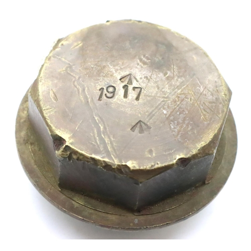 3111 - WWI gun carriage wheel hub, stamped and dated 1917, 57 x 36 cm. P&P Group 1 (£14+VAT for the first l... 