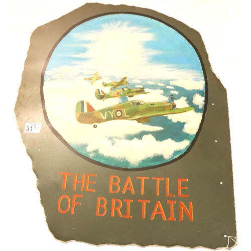 3115 - WWII relic Aircraft panel with Battle of Britain memorial painting, 65 x 53 cm. P&P Group 3 (£25+VAT... 