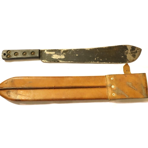 3143 - MK V British Army issue Martindale Golok machete dated 1952 with brown leather scabbard. Later used ... 