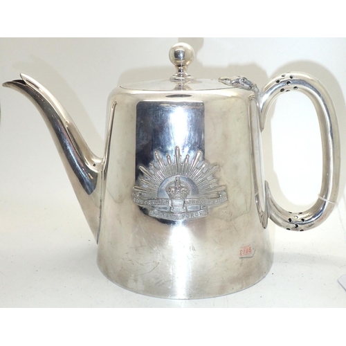 3116 - WWII silver plated tea pot with Australian Commonwealth Military forces insignia. P&P Group 2 (£18+V... 