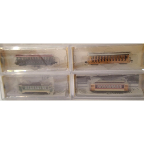 2308 - Two Bachmann N gauge 61092 and 61093 Brill trolley cars (missing conductor poles) and two open sided... 