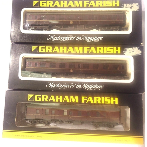 2415 - Three Graham Farish N gauge coaches, BR Marron 0681 MK1 corridor 2nd x2 374-036A MK1 full brake, wea... 