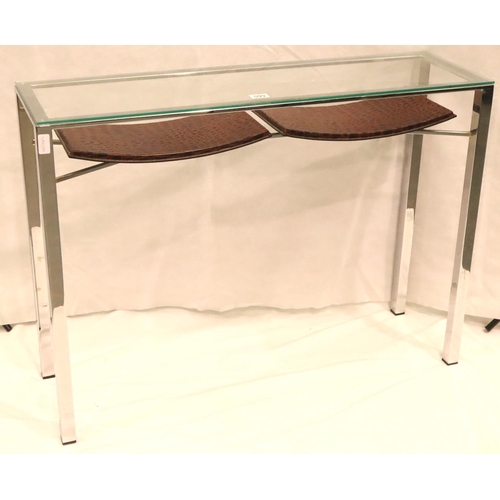 599 - A contemporary chrome console with rectangular plate glass top and two shelves below, 100 x 30 x 93 ... 