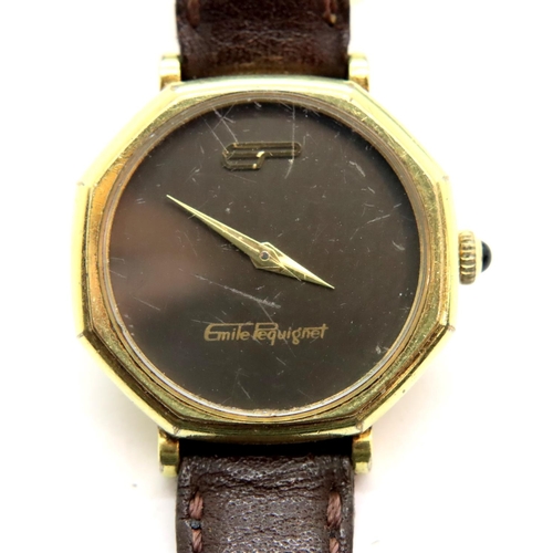 1119 - Emile Pequignet ladies Swiss wristwatch with octagonal face, black dial, gold hands on original brow... 