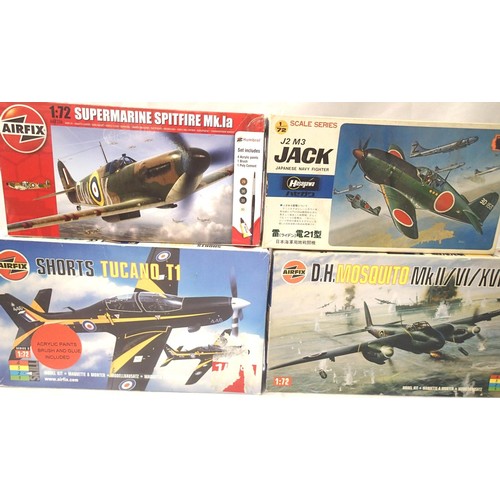 2323 - Three Airfix 1:72 scale Aircraft kits; Spitfire, Tucano and Mosquito and a Hasegawa M3 Jack, all app... 