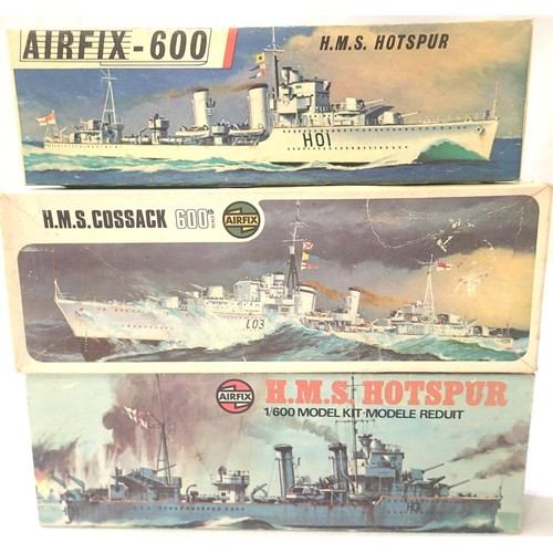 2324 - Three Airfix 1:600 scale ship kits; HMS Hotspur x2 and HMS Cossack, appear complete, contents unchec... 