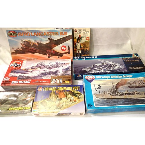 2327 - Selection of plastic kits; aircraft, ship, figure etc all started, lacking instructions etc, all inc... 