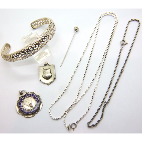 26 - Two silver neck chains, two silver fobs, bangle and pin brooch. P&P Group 1 (£14+VAT for the first l... 