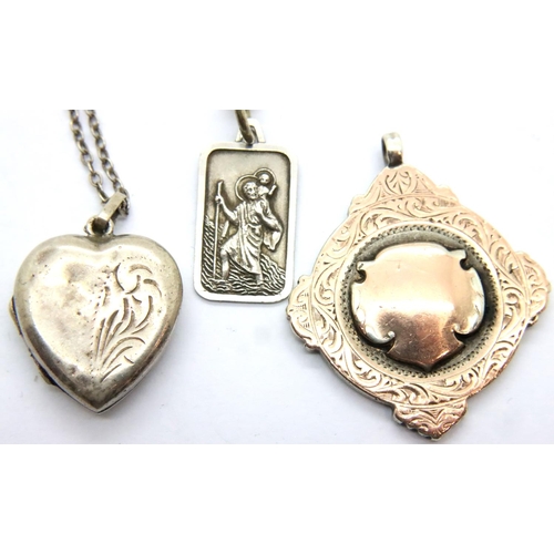47 - 925 silver St Christopher pendant necklace, a vintage heart locket and a gold washed silver fob, com... 