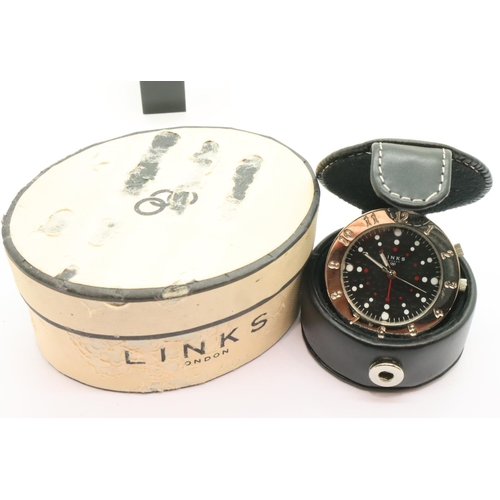 75 - Boxed Links of London travel clock in a stitched leather case, D: 30 mm. P&P Group 1 (£14+VAT for th... 