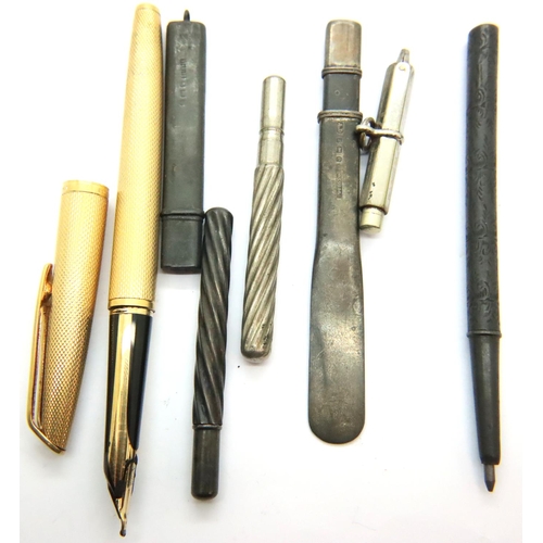 107 - Waterman; a gold plated fountain pen with an 18ct gold nib together with a collection of silver and ... 