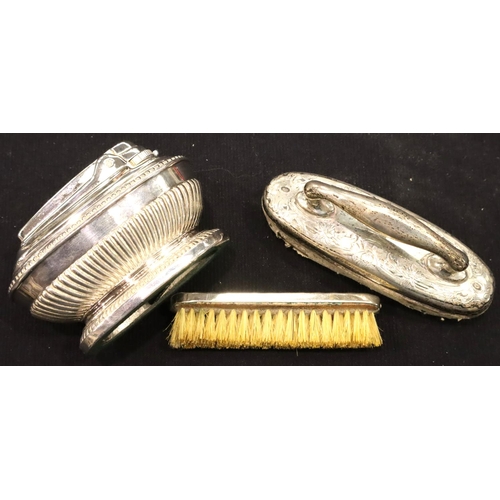 126 - Sterling silver mounted nail buff, a silver plated Ronson table lighter and a vintage pocket brush. ... 