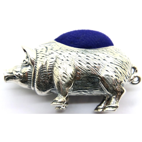 128 - Sterling silver pig pin cushion, L: 40 mm. P&P Group 1 (£14+VAT for the first lot and £1+VAT for sub... 