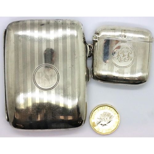 132 - Hallmarked silver Art Deco cigarette case and vesta case, each Birmingham assay and bearing initials... 