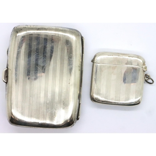 132 - Hallmarked silver Art Deco cigarette case and vesta case, each Birmingham assay and bearing initials... 