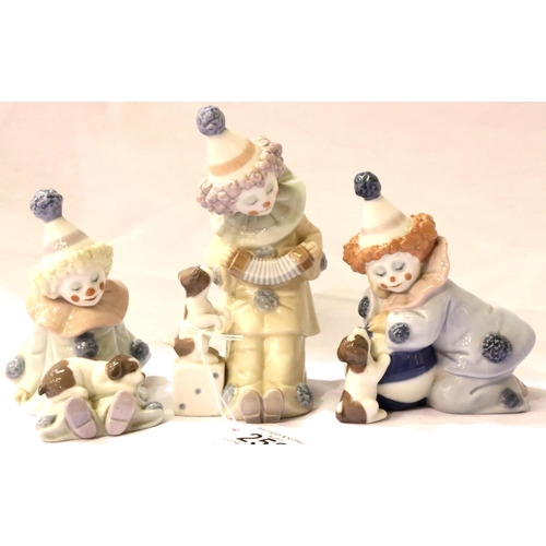 252 - Three Lladro clown figurines, largest H: 15 cm. P&P, contact Paul O'Hea at Mailboxes on 01925 659133