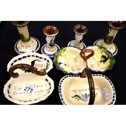 275 - Torquay Ware three handled dishes and two pairs of candlesticks. P&P Group 3 (£25+VAT for the first ... 