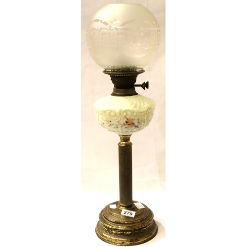 279 - Victorian brass oil lamp with milk glass reservoir and etched glass shade, overall H: 72 cm. Not ava... 