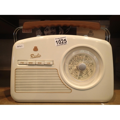1025 - Cream GPO Rydell retro portable four band analogue radio, MW/LW/SW/FM, with retro dial face; working... 