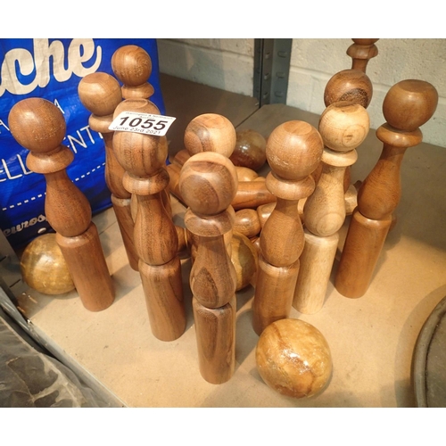 1055 - Collection of turned wooden skittles with balls. Not available for in-house P&P, contact Paul O'Hea ... 