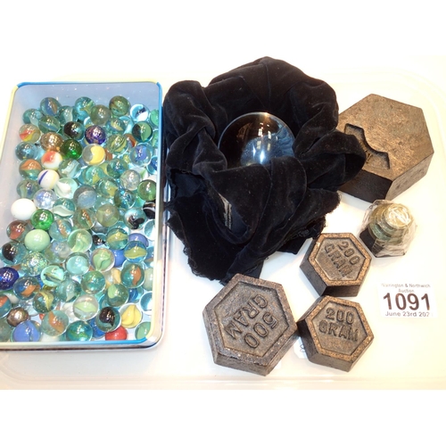 1091 - Selection of mixed items to include glass ball, marbles and scale weights. Not available for in-hous... 