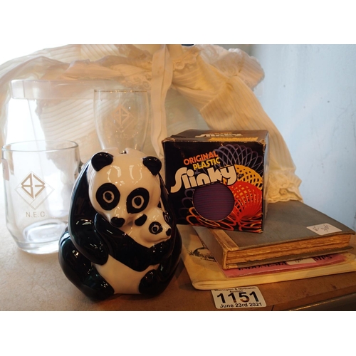 1151 - Vintage Christening gown, two masonic related glasses, a Wade panda money box and a slinky. Not avai... 