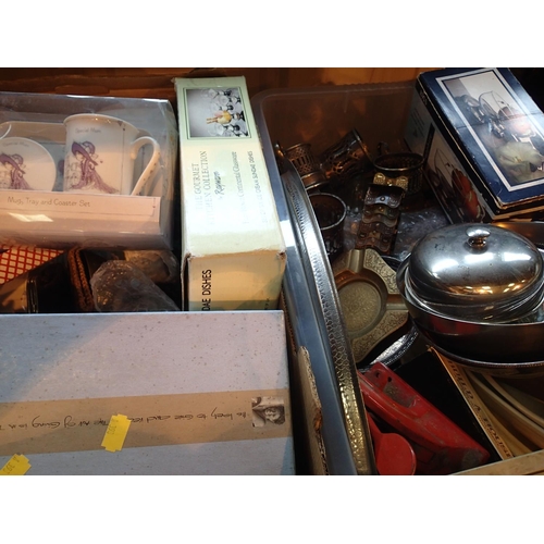 1159 - Two boxes of mixed items to include metal ware and ceramics. Not available for in-house P&P, contact... 