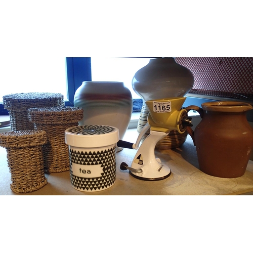 1165 - Mixed lot of large vases jugs, a mincer and a tea caddy. Not available for in-house P&P, contact Pau... 