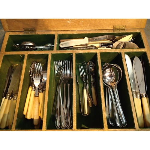 1166 - Wooden box of mixed cutlery to include plated items. Not available for in-house P&P, contact Paul O'... 