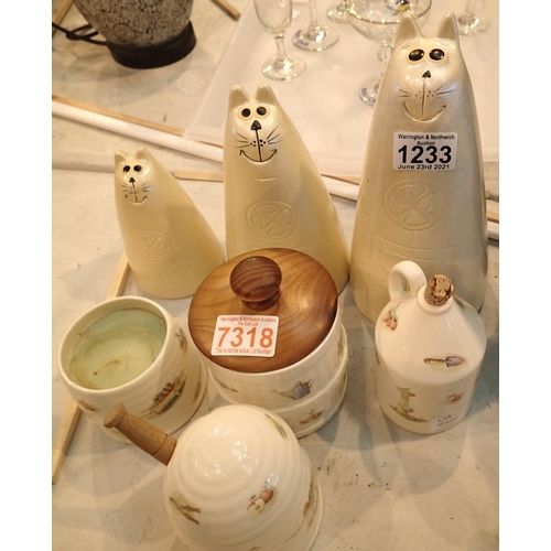 1233 - Four pieces of Aynsley tableware and three ceramic cats. Not available for in-house P&P, contact Pau... 