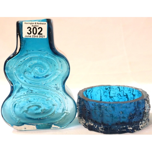 302 - Geoffrey Baxter Whitefriars blue vase and a Whitefriars blue ashtray. P&P, contact Paul O'Hea at Mai... 