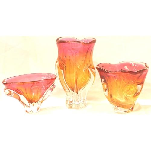 305 - Three heavy art glass vases, largest H: 27 cm. Not available for in-house P&P, contact Paul O'Hea at... 