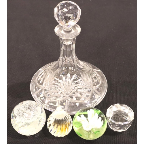 312 - Caithness and other glass paperweights and a ships decanter. P&P, contact Paul O'Hea at Mailboxes on... 