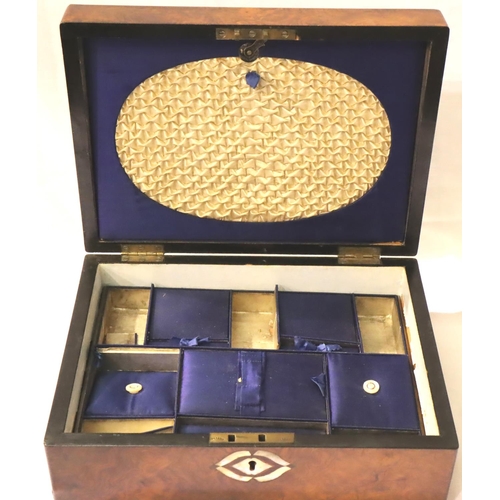 328 - Walnut sewing box with inlaid mother of pearl decoration and fitted interior. P&P Group 3 (£25+VAT f... 