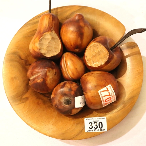 330 - Walnut bowl of carved wooden fruit. P&P Group 3 (£25+VAT for the first lot and £5+VAT for subsequent... 