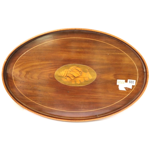 335 - An Edwardian shell inlaid mahogany oval tray, L: 69 cm. P&P Group 3 (£25+VAT for the first lot and £... 