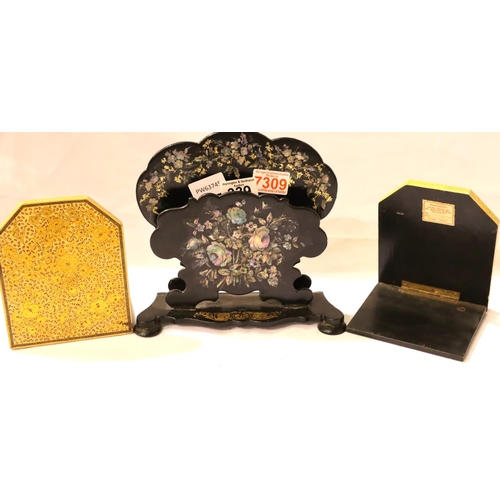 339 - A Victorian lacquered gilt and mother of pearl letter rack and a pair of folding bookends. P&P Group... 